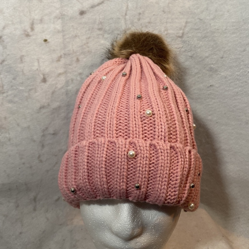 Warm And Snug Pink Knit Pearl And Beaded Beanie